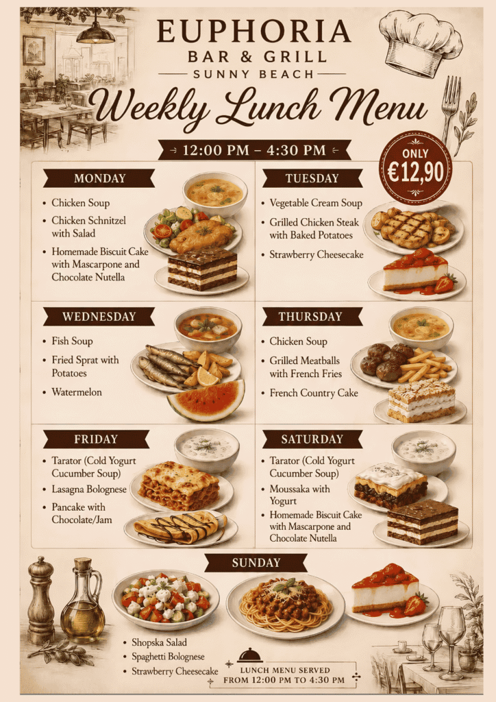 dishes ans offer lunhc menu euphoria sunny beach